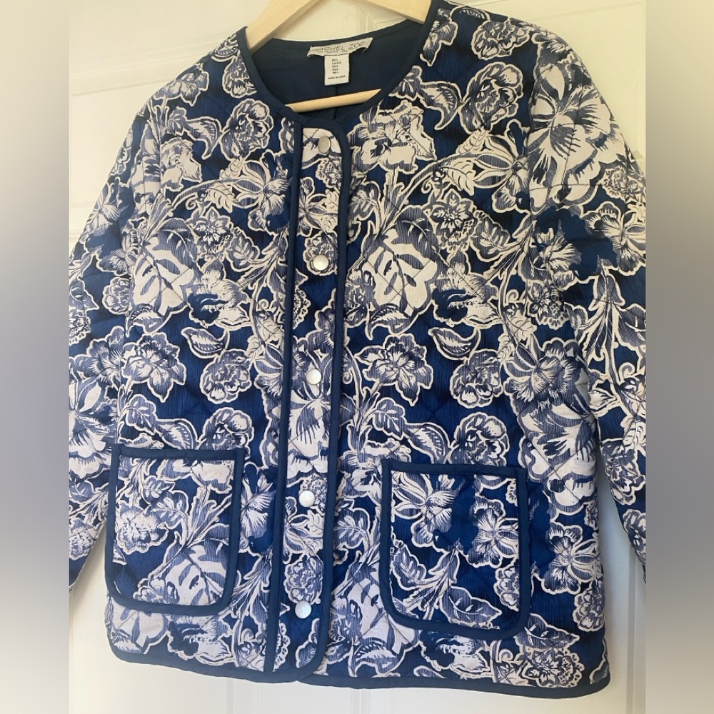 Rachel Zoe Quilted Floral Jacket w/ Front Pockets Size L Navy & White - Picture 2 of 15